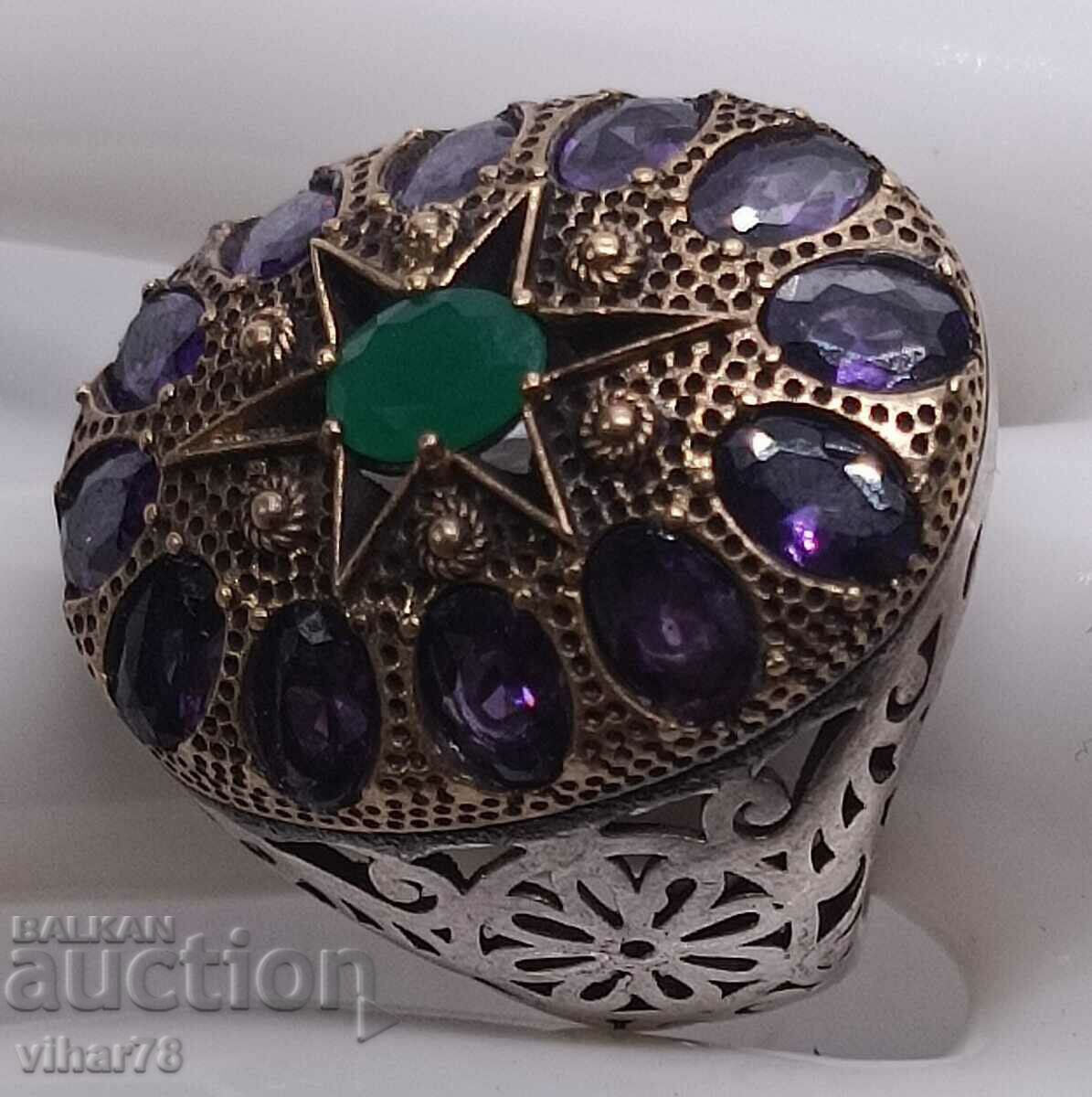 Old silver ring with amethyst and synthetic emerald with price 359.99 BGN | € 184.06 Old silver ring with amethyst and synthetic emerald with price 359.99 BGN | € 184.06