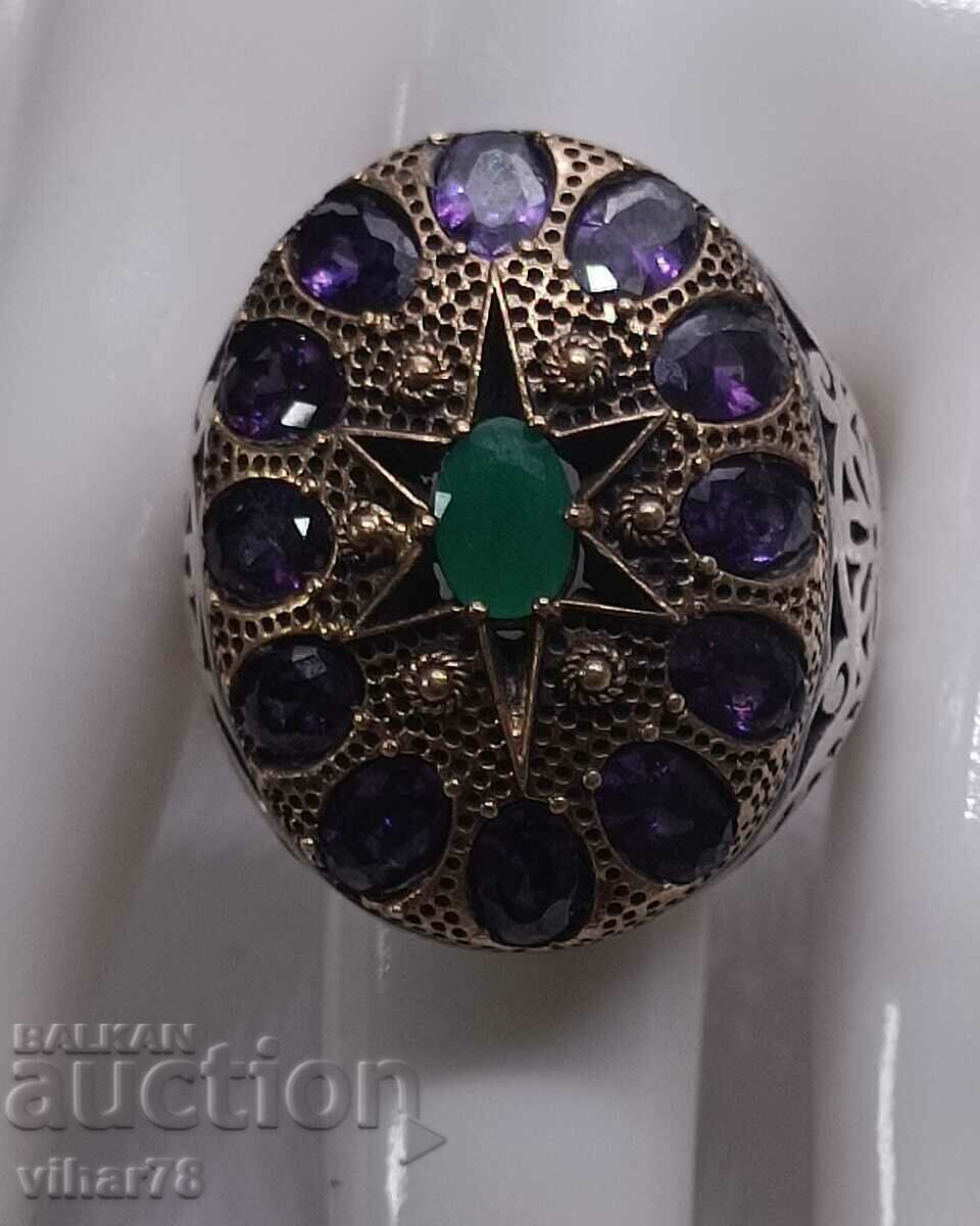 Old silver ring with amethyst and synthetic emerald - 6 Old silver ring with amethyst and synthetic emerald - 6