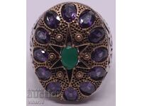 Παλιό ασημένιο δαχτυλίδι με αμέθυστο και συνθετικό σμαράγδι