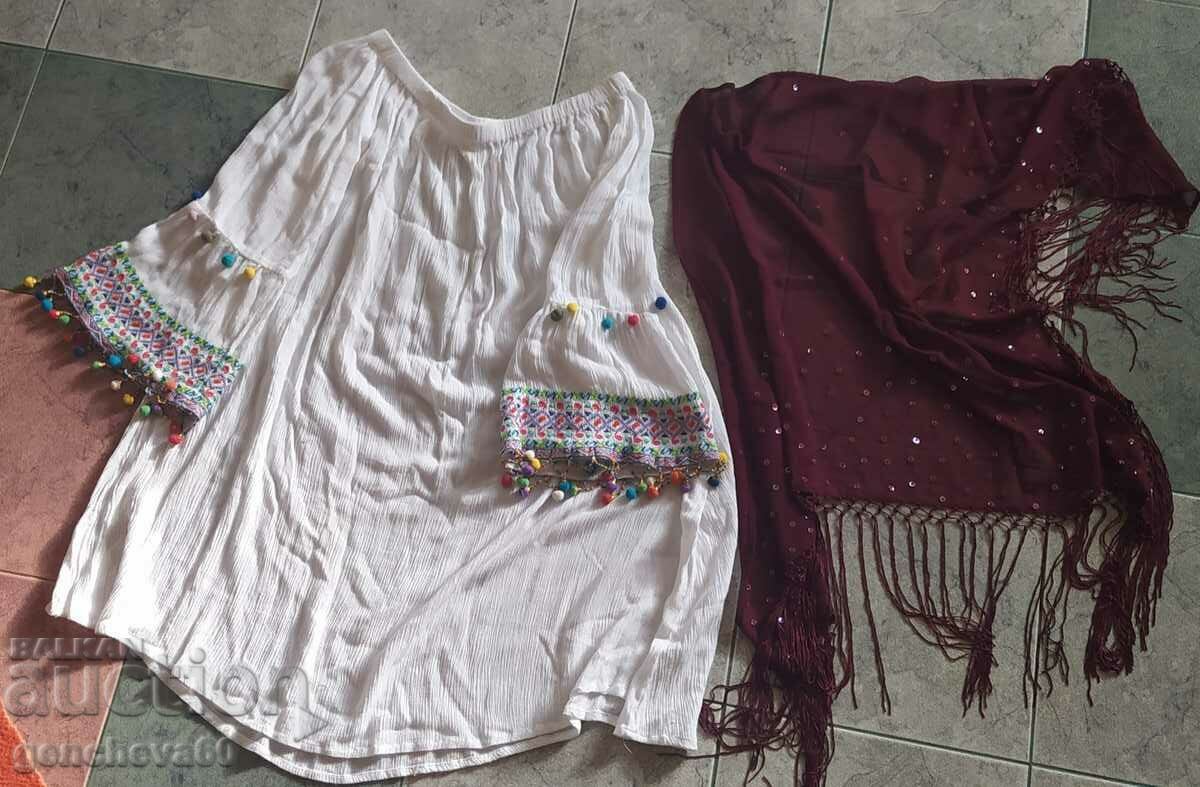 Shirt with embroidery, beads and scarf with sequins