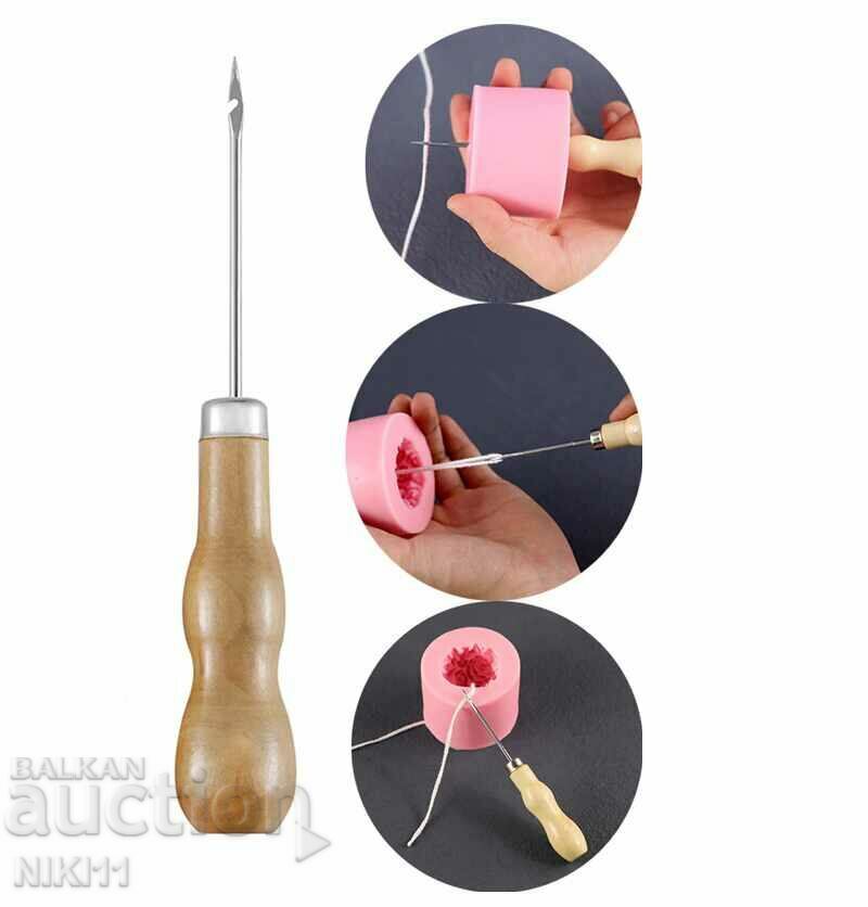 Candle making awl threading wick for mold