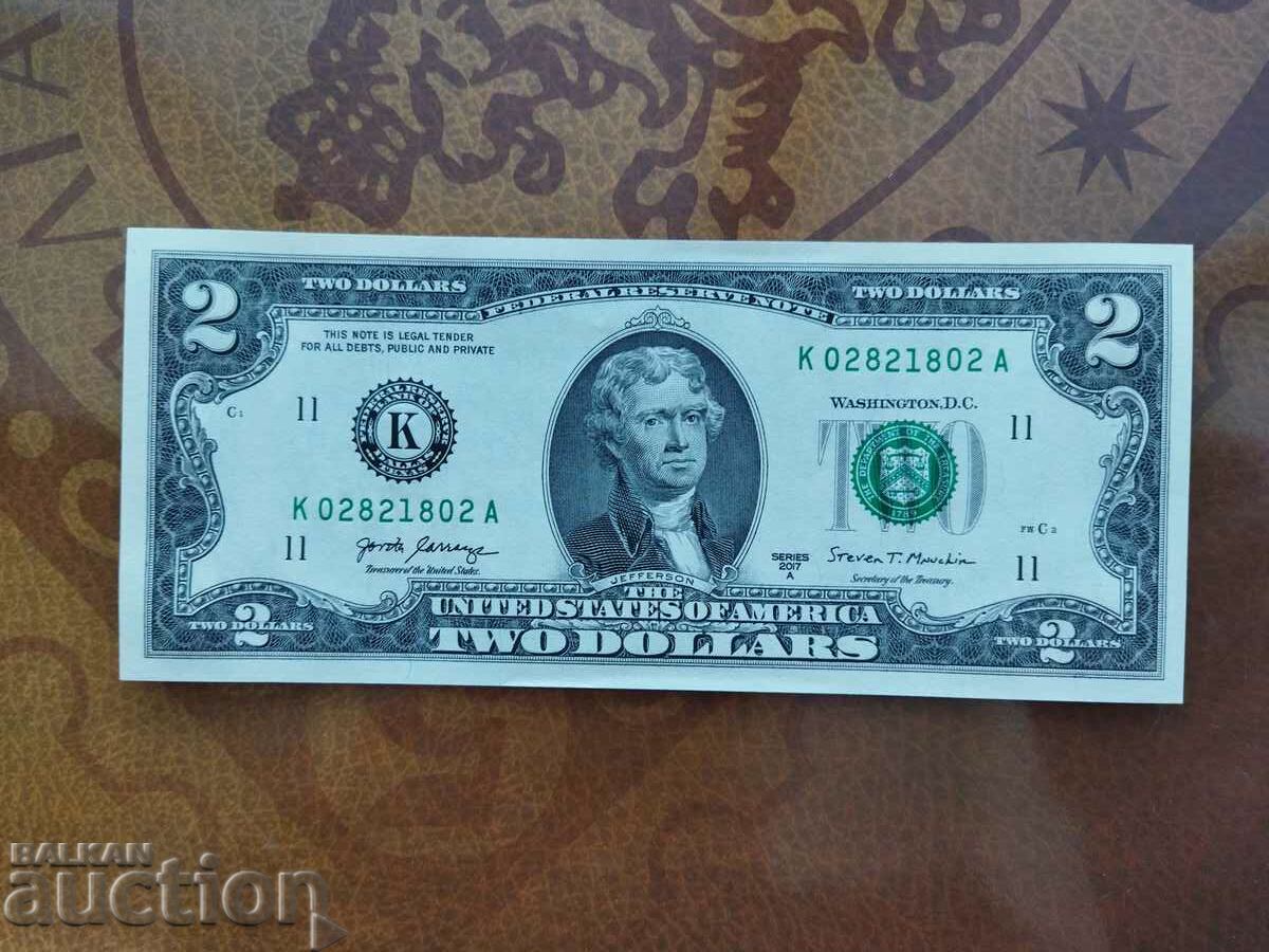 САЩ банкнота 2 долара от 2017 А г. UNC Далас, Тексас