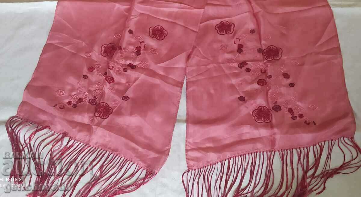 Original silk scarf, embroidered with fringe