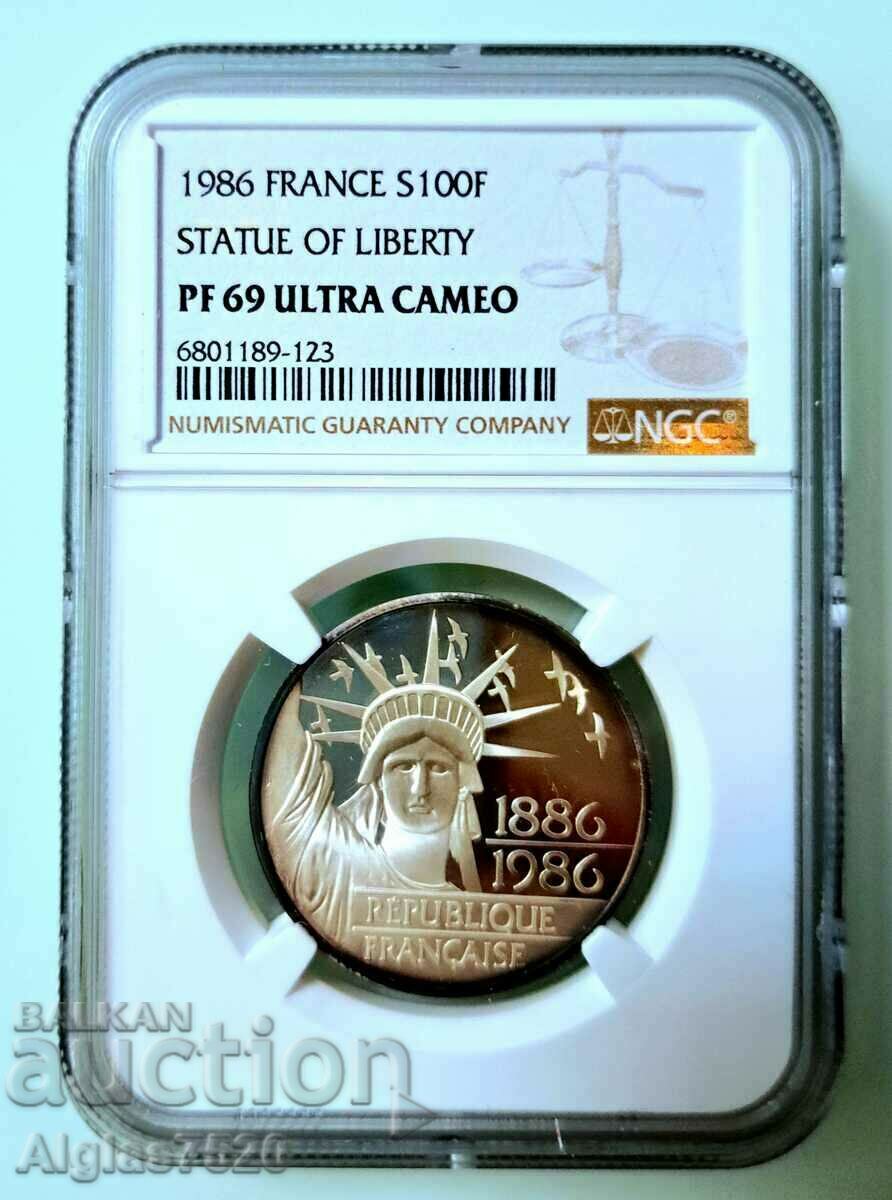 100 франка 1986/ сребро/- PF 69 Cameo-Франция