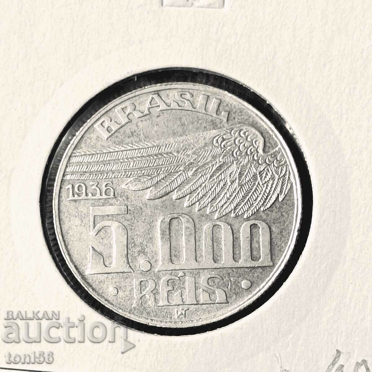 Brazil 5,000 Reis 1936 UNC - Silver