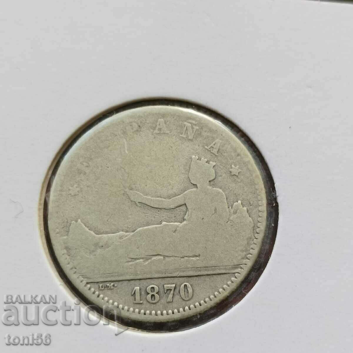 Spania 1 peseta 1870 - argint