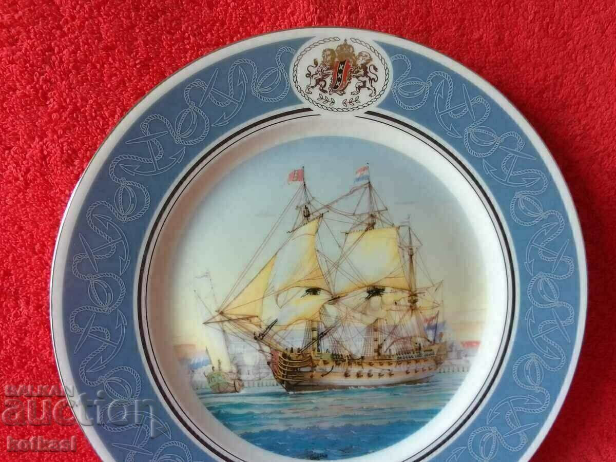 Auction Old porcelain plate signed Ship Galleon Sea Auction Old porcelain plate signed Ship Galleon Sea