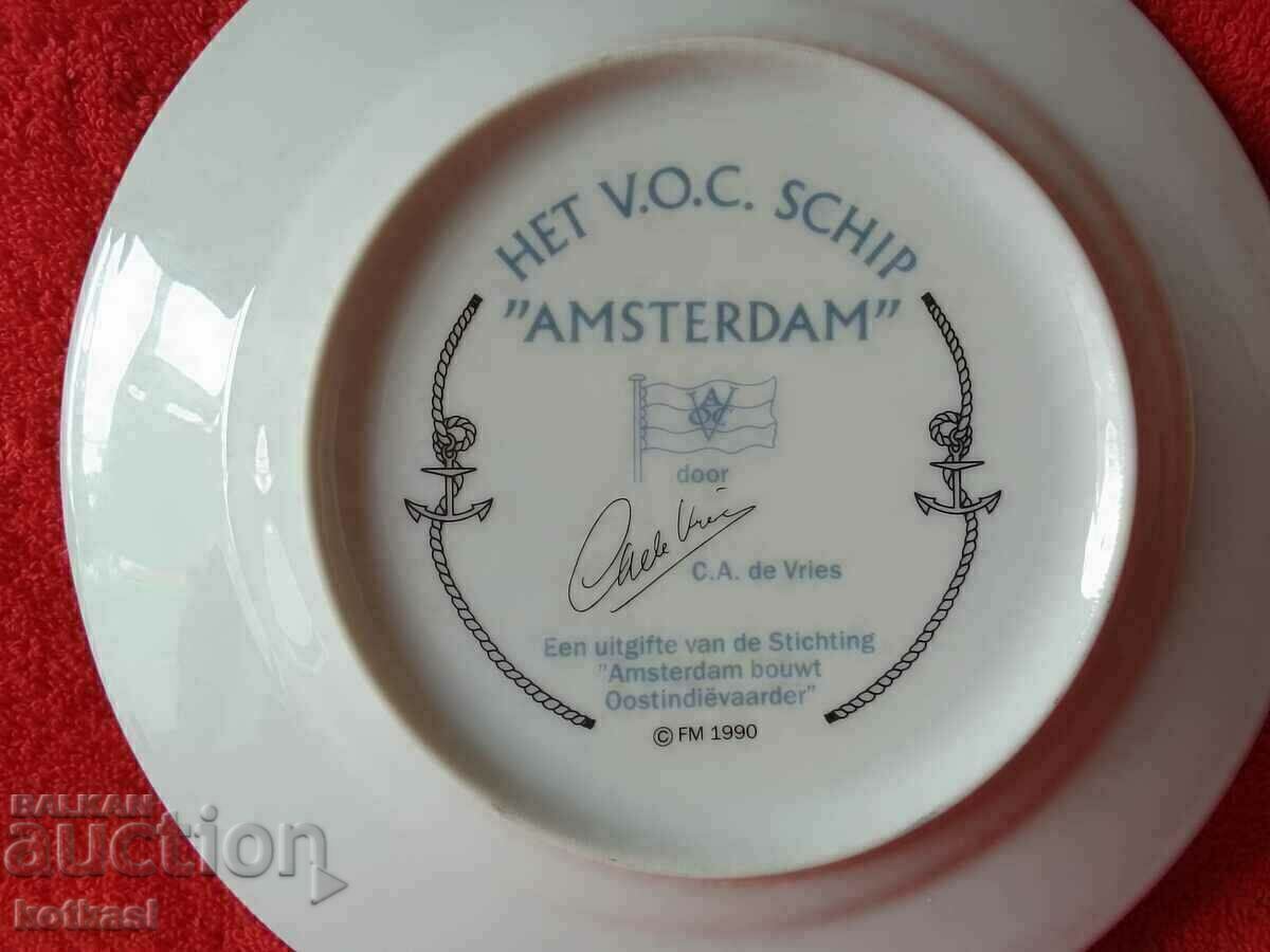 Old porcelain plate signed Ship Galleon Sea - 6 Old porcelain plate signed Ship Galleon Sea - 6