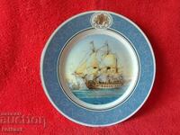 Old porcelain plate signed Ship Galleon Sea