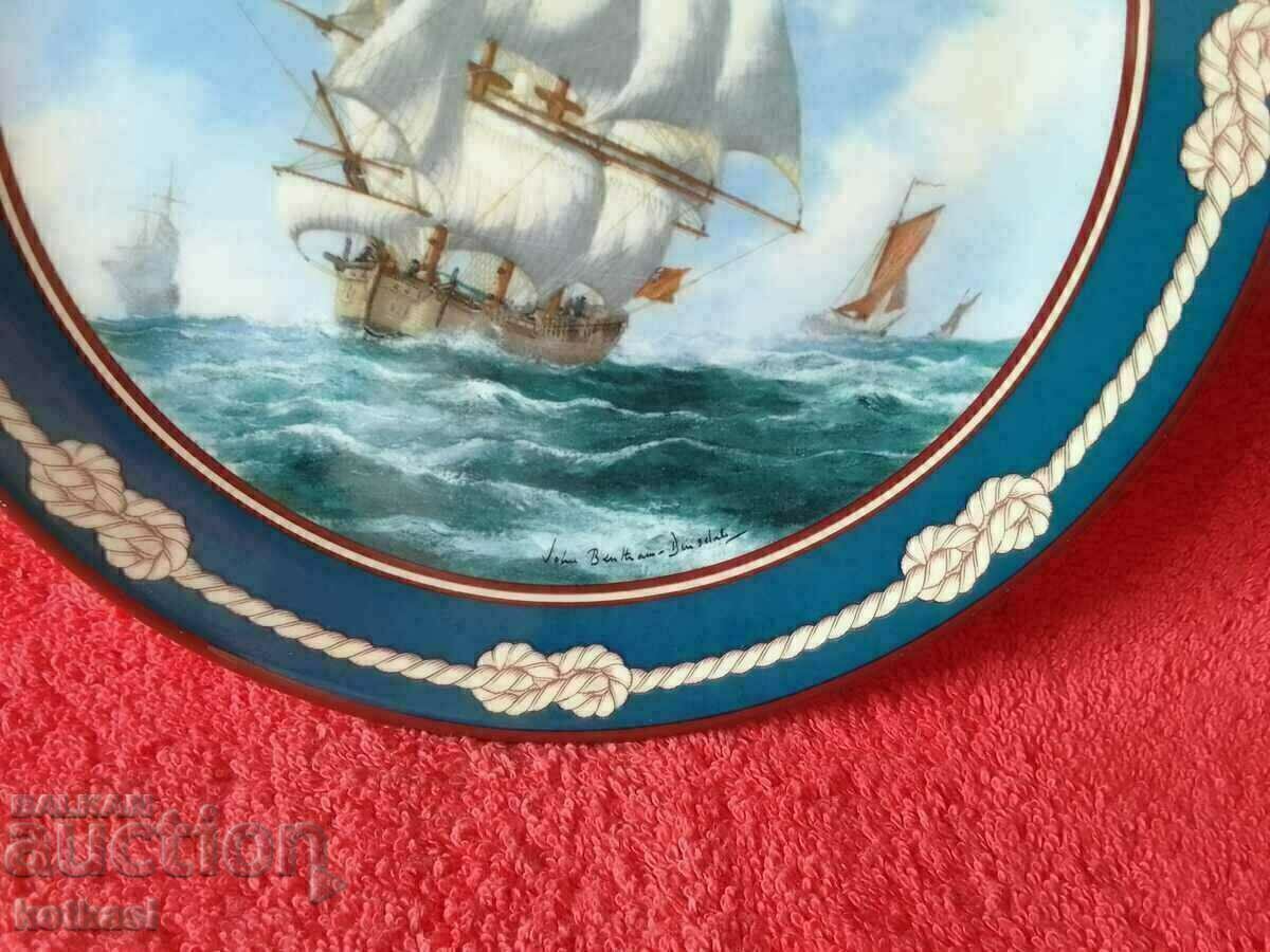 Old porcelain plate Ships Galleon signed England - 5 Old porcelain plate Ships Galleon signed England - 5