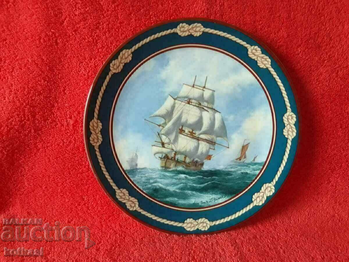 Old porcelain plate Ships Galleon signed England Old porcelain plate Ships Galleon signed England
