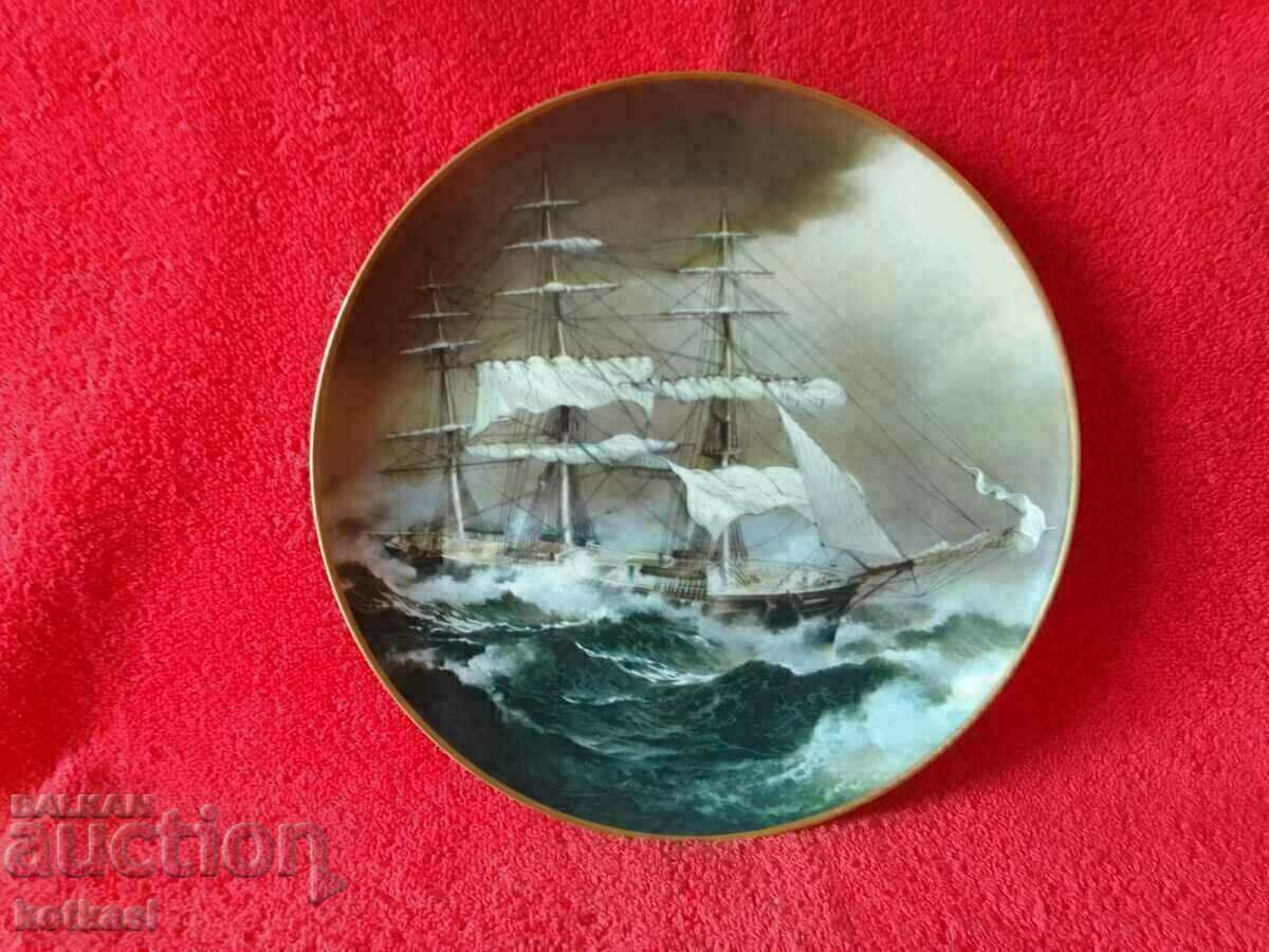 Old porcelain plate marked Storm Ocean Ship Galleon Old porcelain plate marked Storm Ocean Ship Galleon