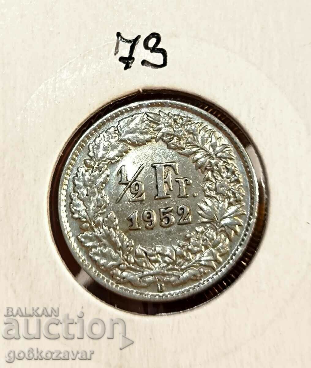 Швейцария 1/2 франка 1952г Сребро !
