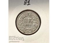Швейцария 1/2 франка 1937г Сребро !