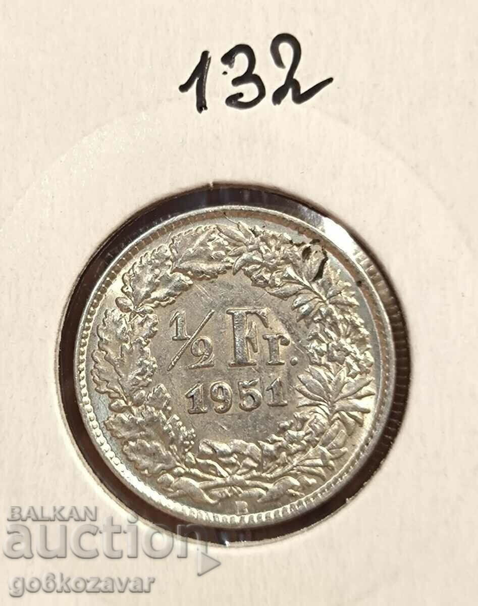 Швейцария 1/2 франка 1951г Сребро !