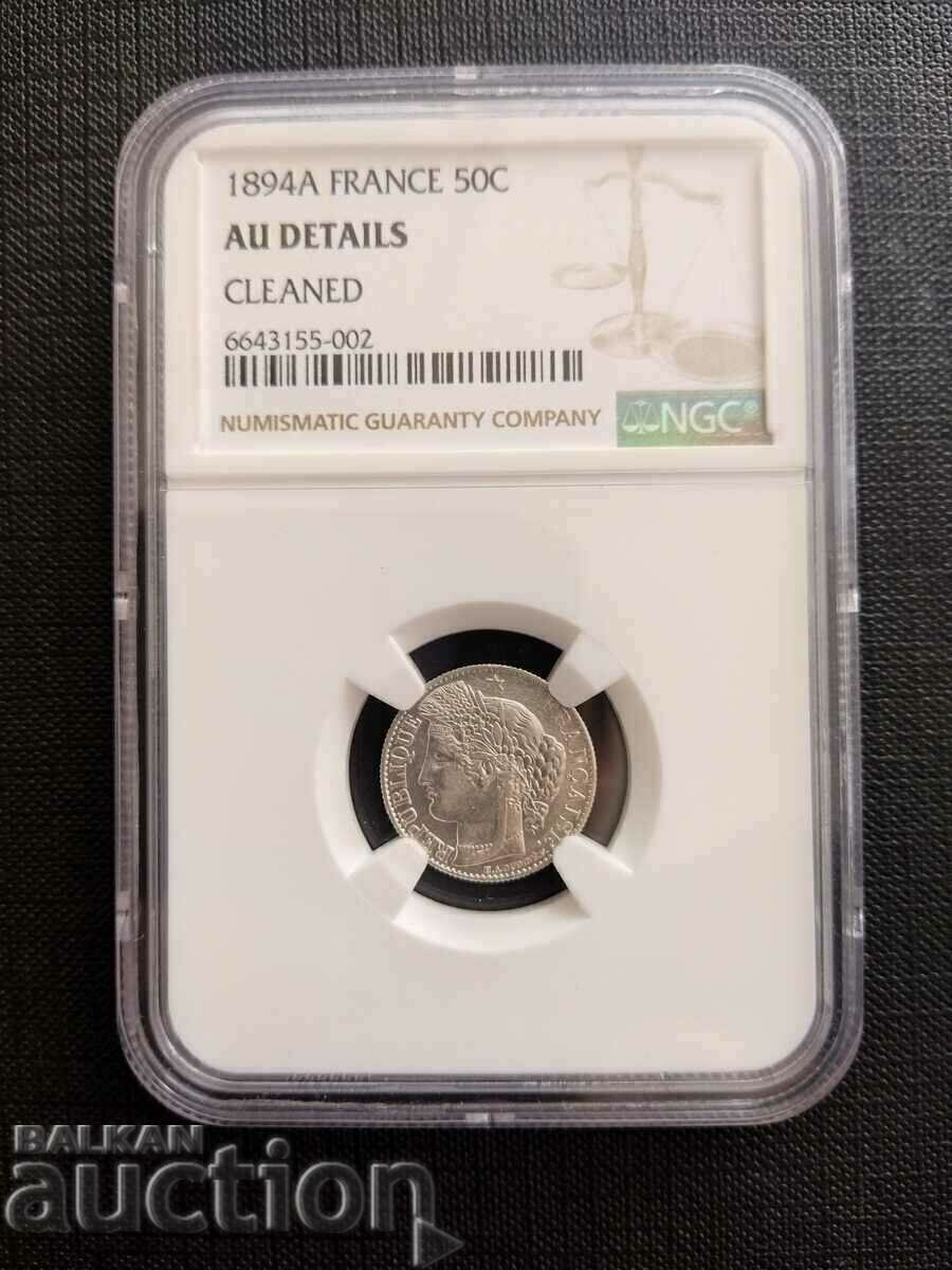 Франция монета 50 сантима 1894г. сертифицирана NGC AU