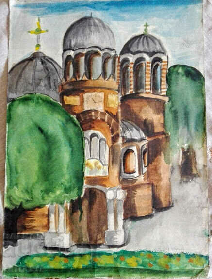 Old watercolor painting, church Old watercolor painting, church