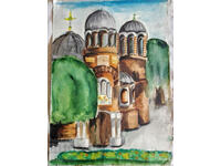 Pictură veche acuarelă, biserică