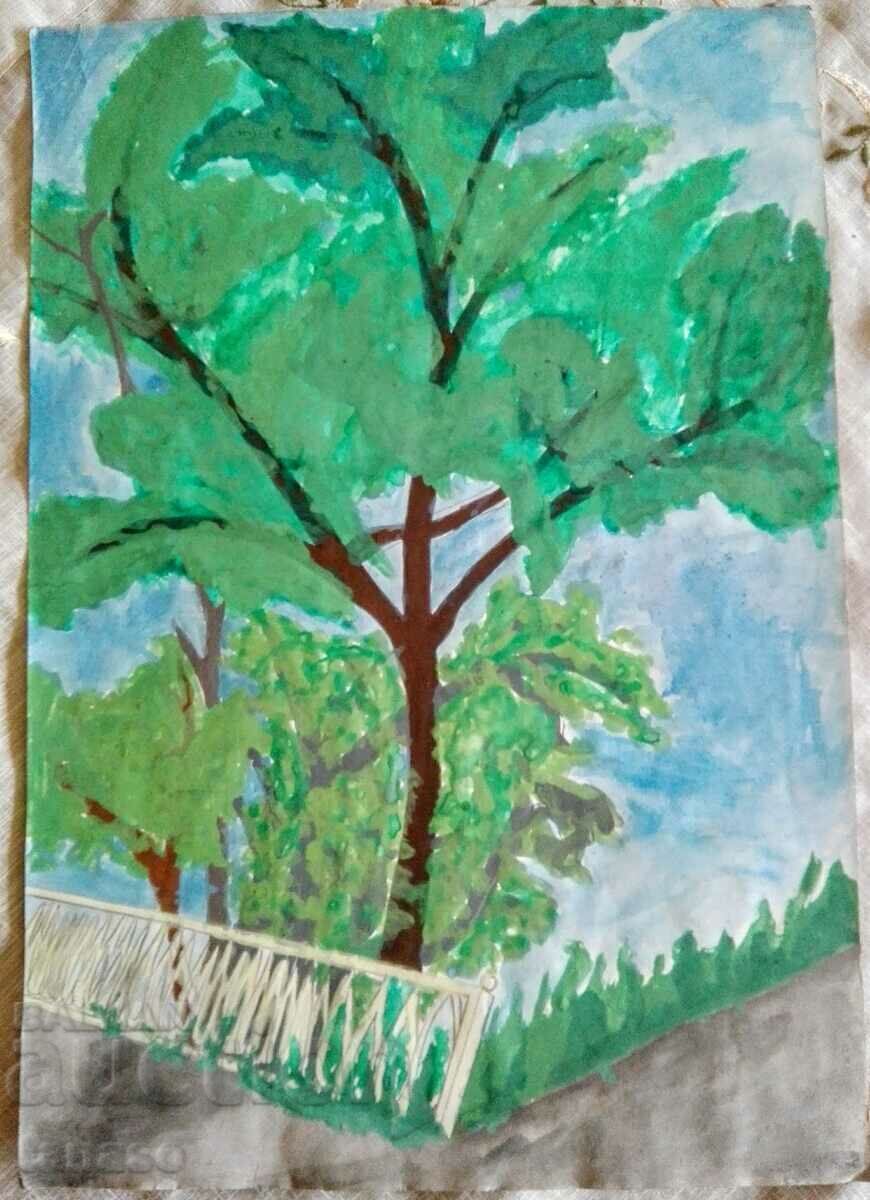 Old watercolor painting, wood