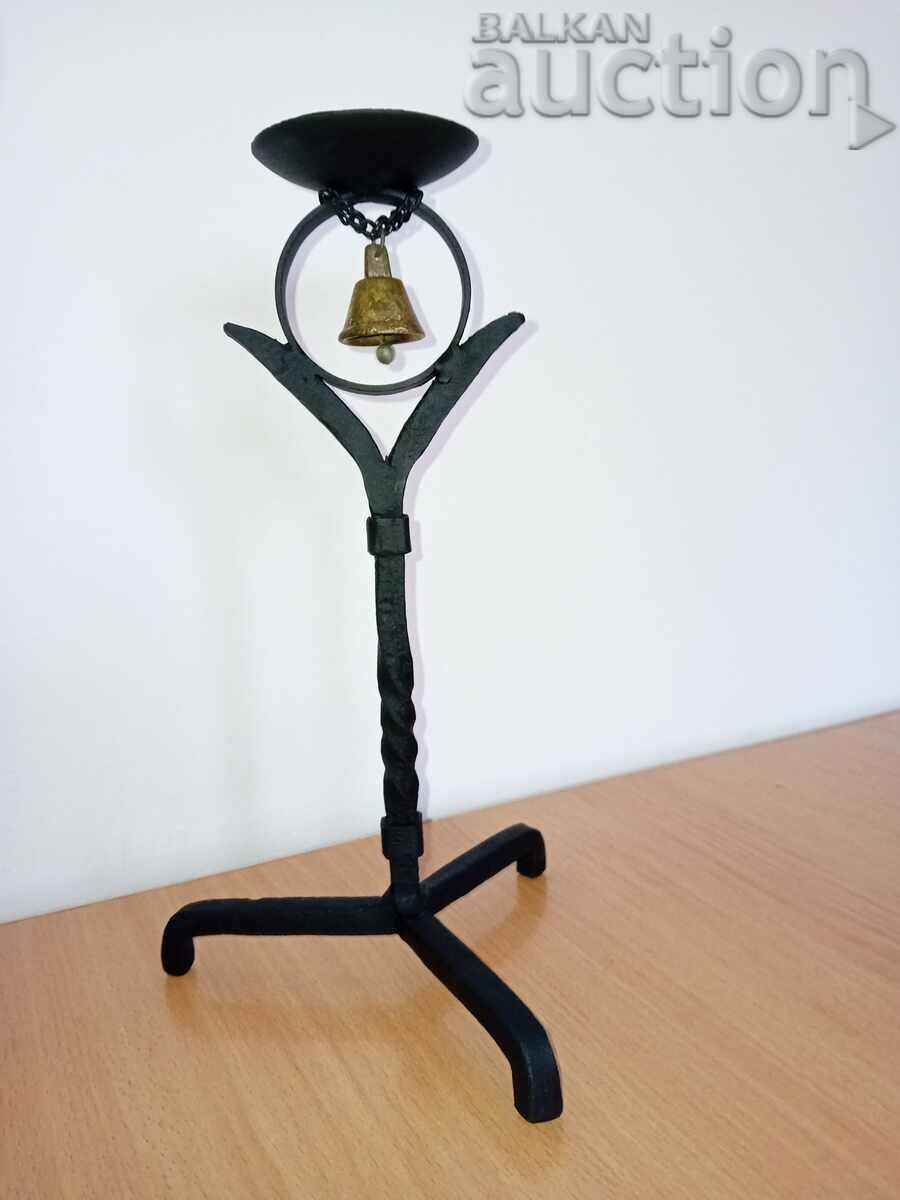 Auction Old forged candlestick with bell, candle, candelabra Auction Old forged candlestick with bell, candle, candelabra