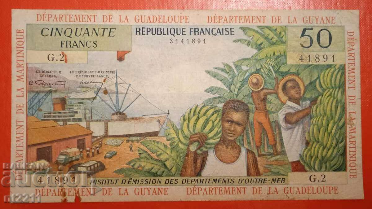 Το τραπεζογραμμάτιο 50 φράγκων Γαλλικές Αντίλλες διαβάζει την περιγραφή