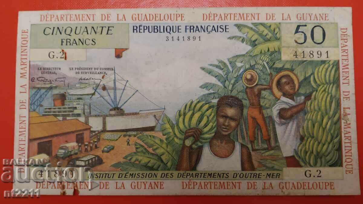 Banknote 50 francs French Antilles reads the description Banknote 50 francs French Antilles reads the description