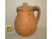Old earthenware pot jar with handle and lid, excellent
