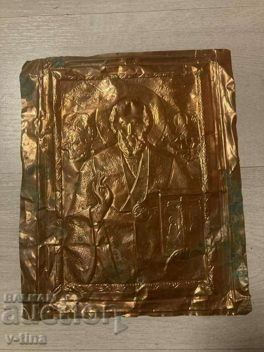 Old Russian copper icon fitting St. Nicholas