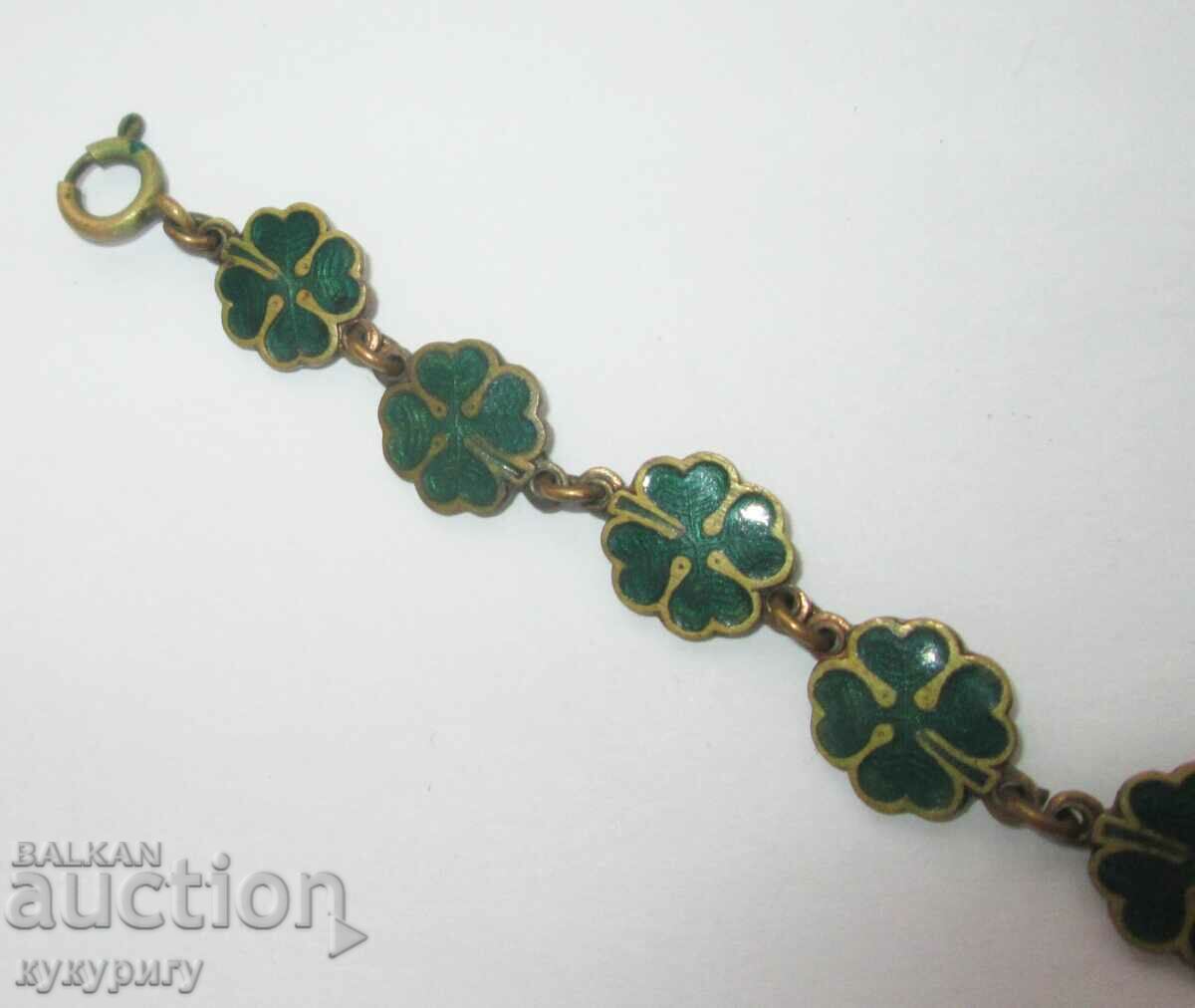Auction Old green enamel bracelet with four-leaf clovers for luck Auction Old green enamel bracelet with four-leaf clovers for luck