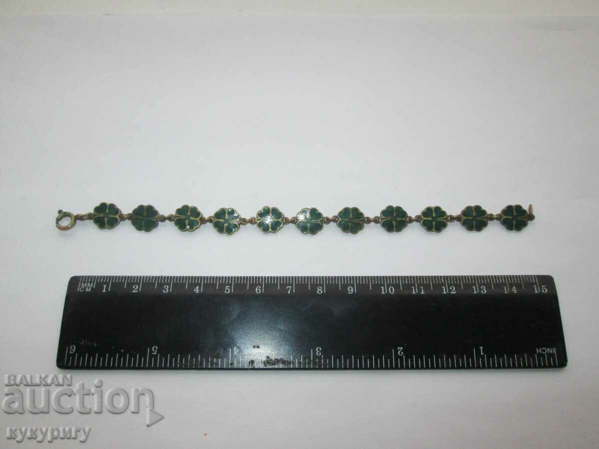 Delivery of Old green enamel bracelet with four-leaf clovers for luck Delivery of Old green enamel bracelet with four-leaf clovers for luck