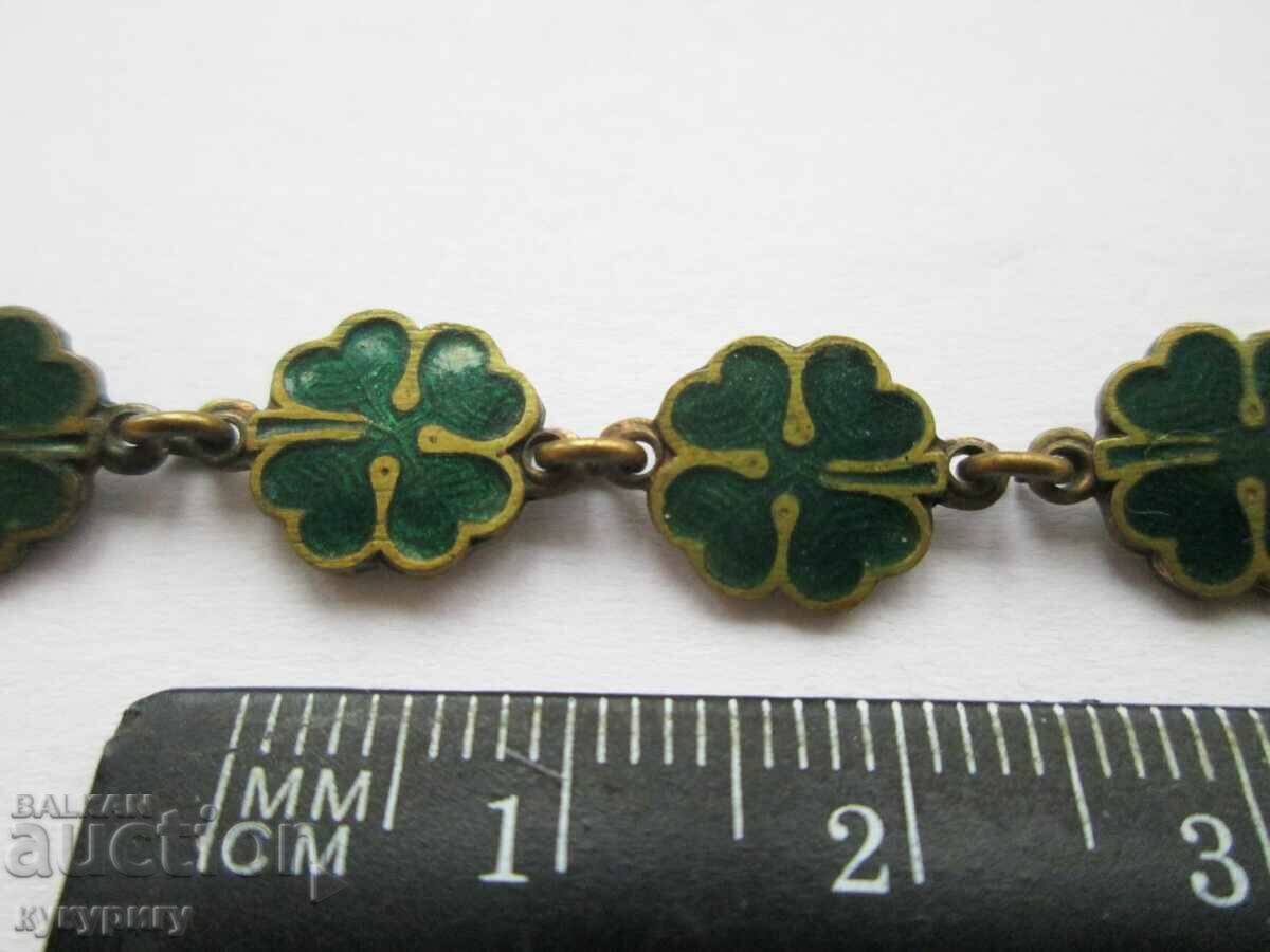 Old green enamel bracelet with four-leaf clovers for luck - 5 Old green enamel bracelet with four-leaf clovers for luck - 5