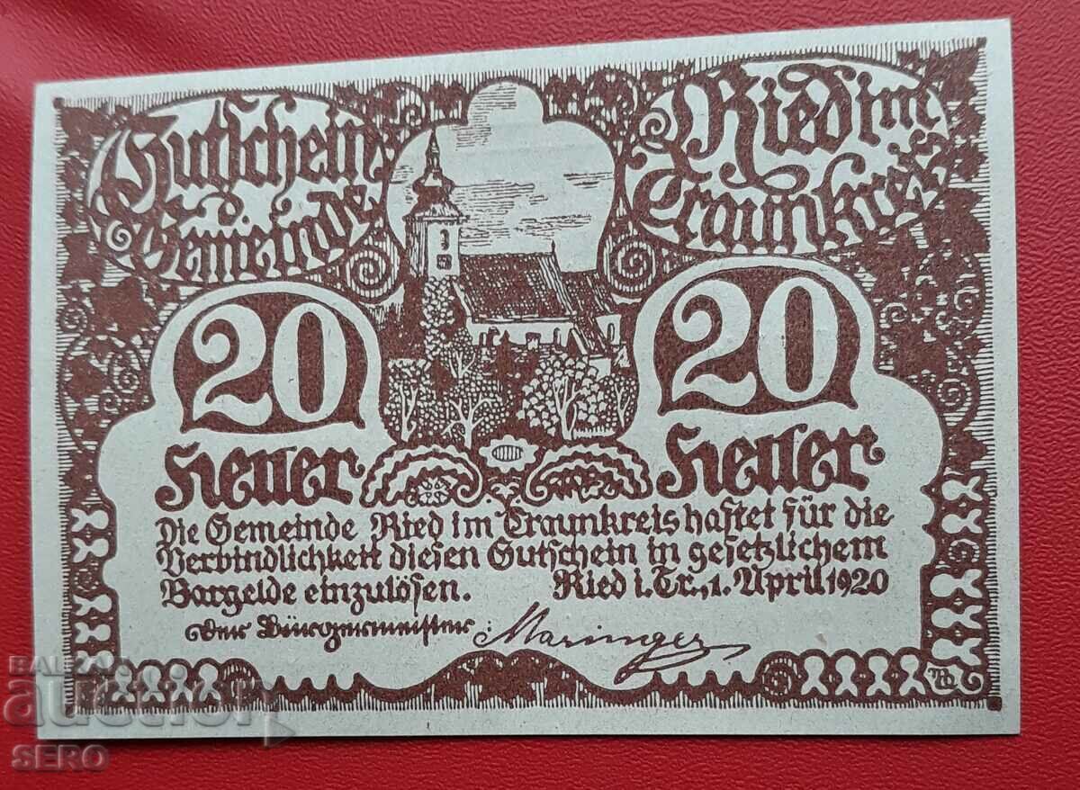 Банкнота-Австрия-Г.Австрия-Рид имТраункрейс-20 хелера 1920