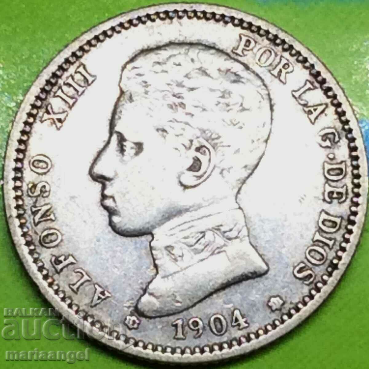 Испания 1 песета 1904 Алфонсо VIII сребро