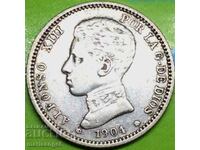 Испания 1 песета 1904 Алфонсо VIII сребро