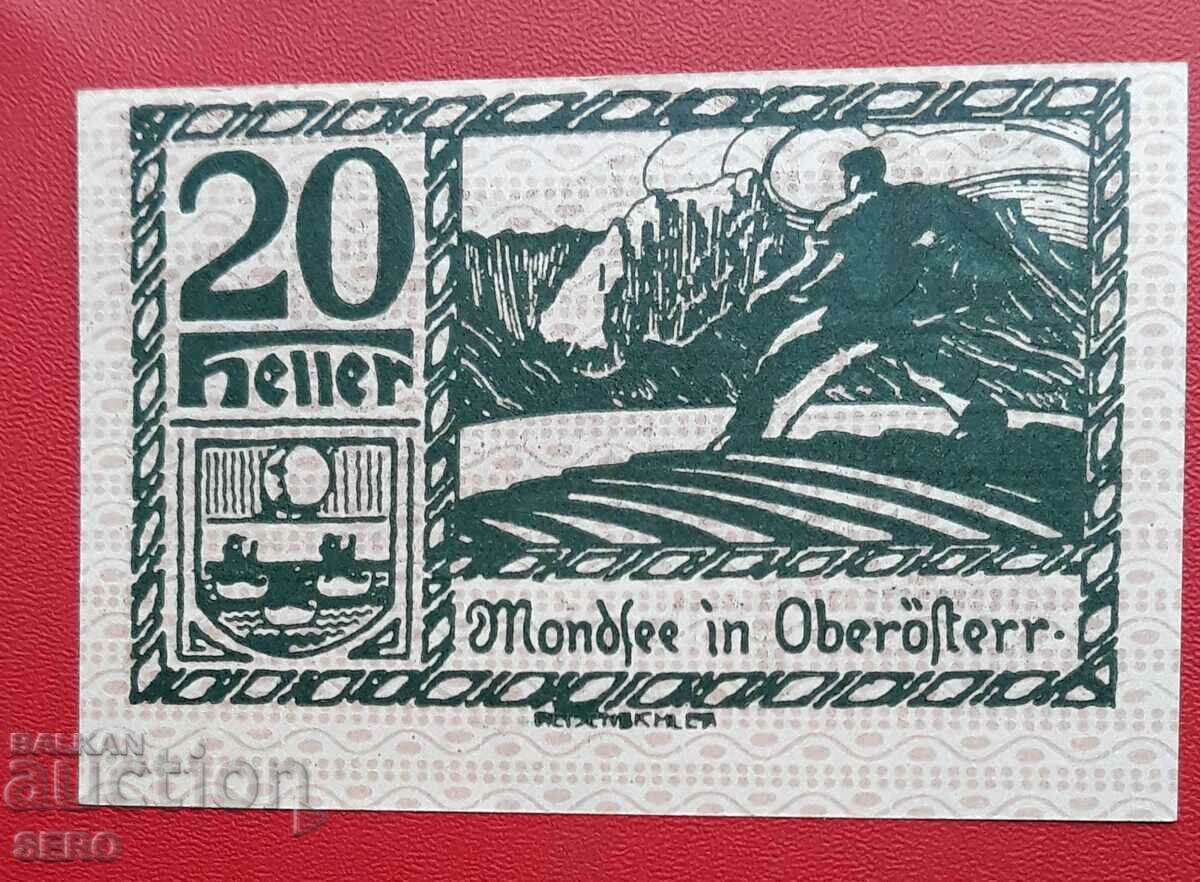 Банкнота-Австрия-Г.Австрия-Мондзее-20 хелера 1920-зелена