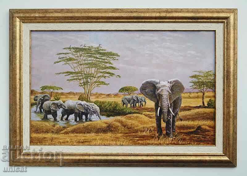 Peisaj african cu elefanți, pictură