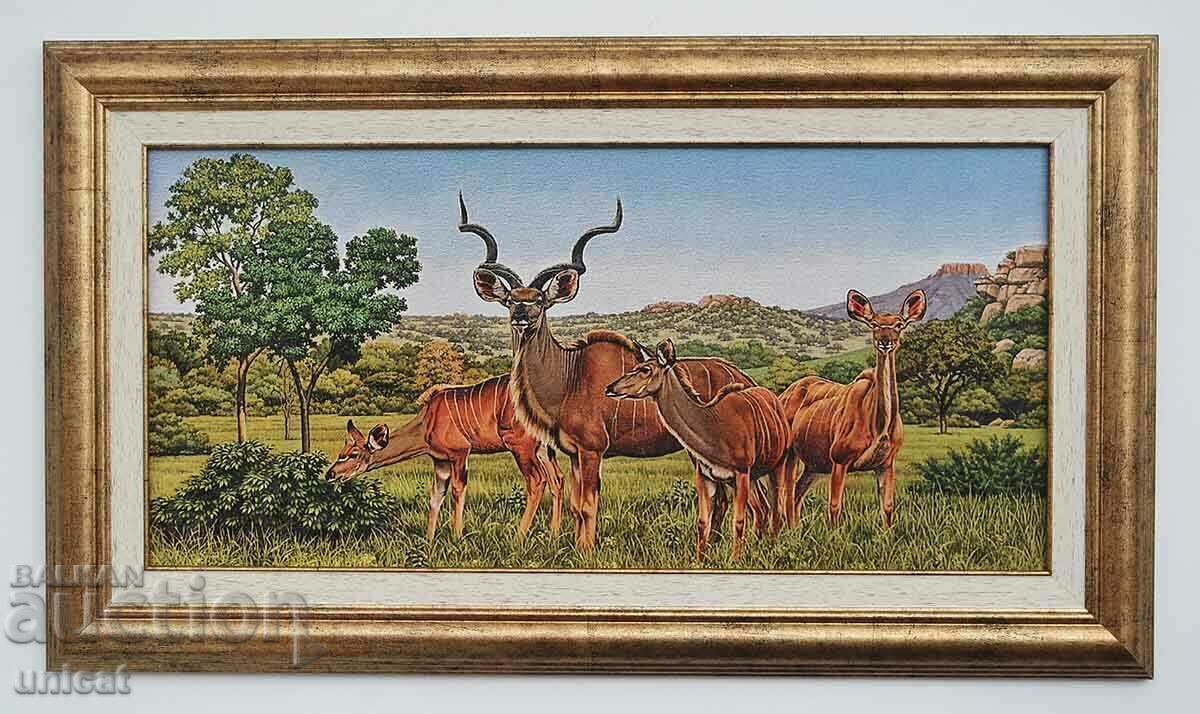 African landscape with kudu, painting African landscape with kudu, painting