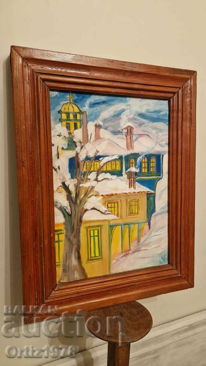 Old Bulgarian painting, oil, signed, massive wooden frame with price 89.00 BGN | € 45.50 Old Bulgarian painting, oil, signed, massive wooden frame with price 89.00 BGN | € 45.50