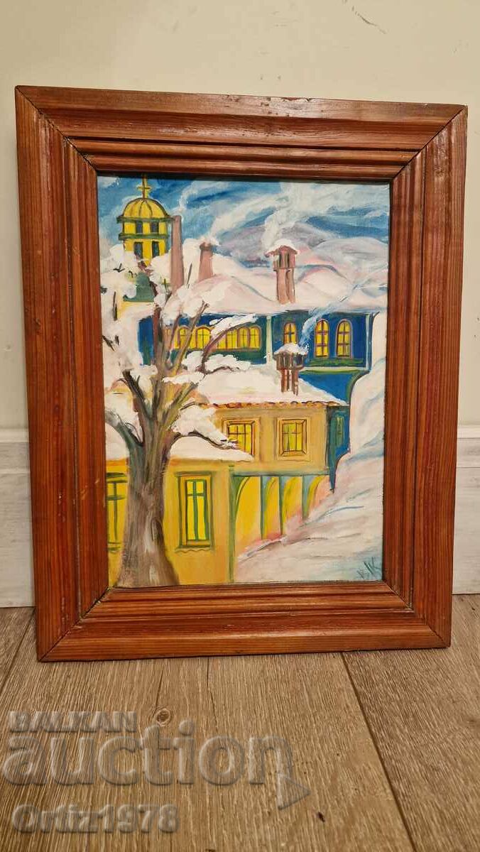 Old Bulgarian painting, oil, signed, massive wooden frame