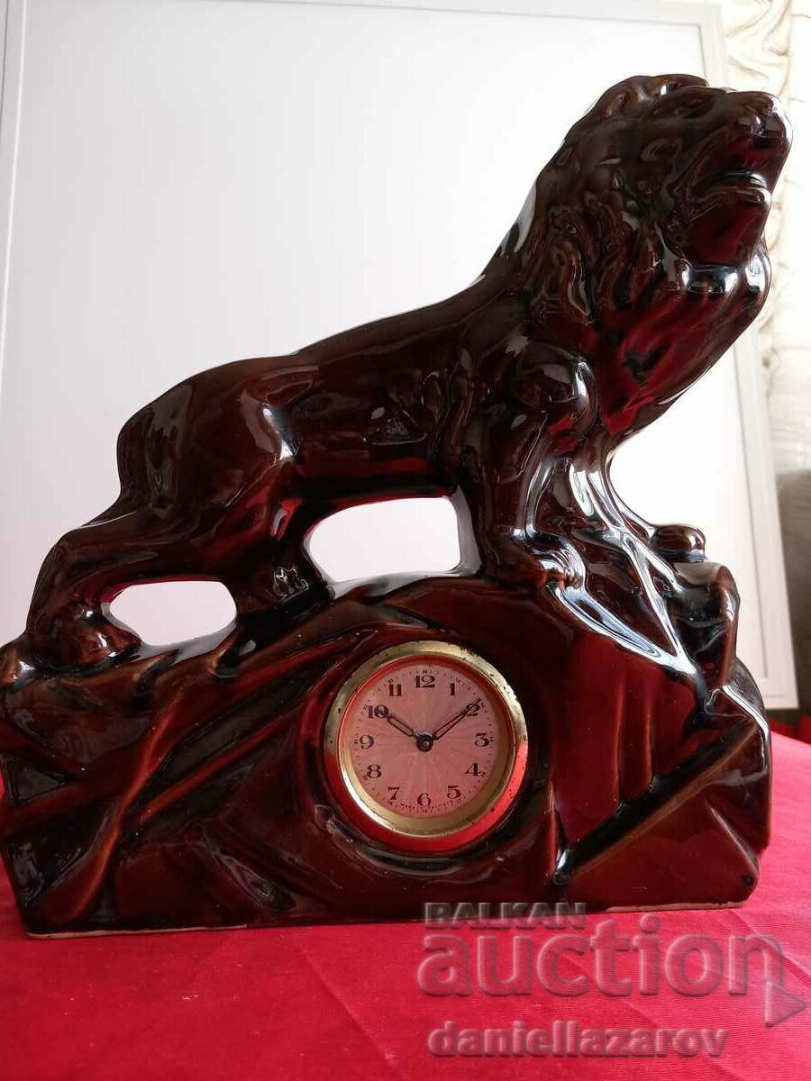 Old German Porcelain Table Mantel Clock LION