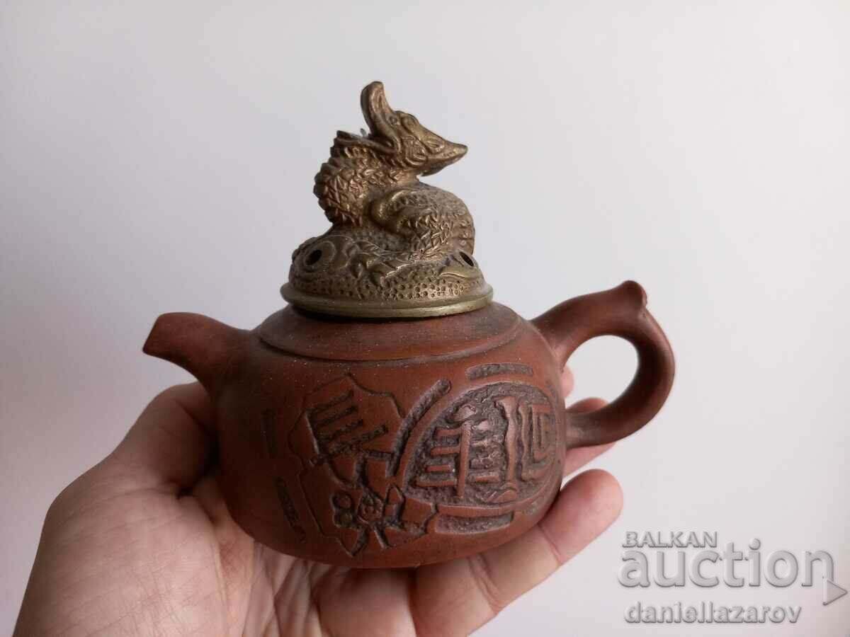 Very Rare Old Clay Chinese Yixing Bowl with Bronze Lid - 7 Very Rare Old Clay Chinese Yixing Bowl with Bronze Lid - 7