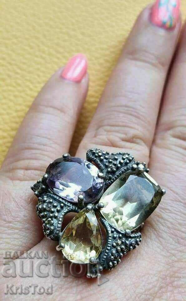 Антикварен пръстен от злато: 9К и сребро: 925, с диаманти
