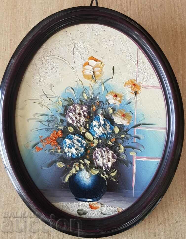 Beautiful oval still life with flowers oil paints