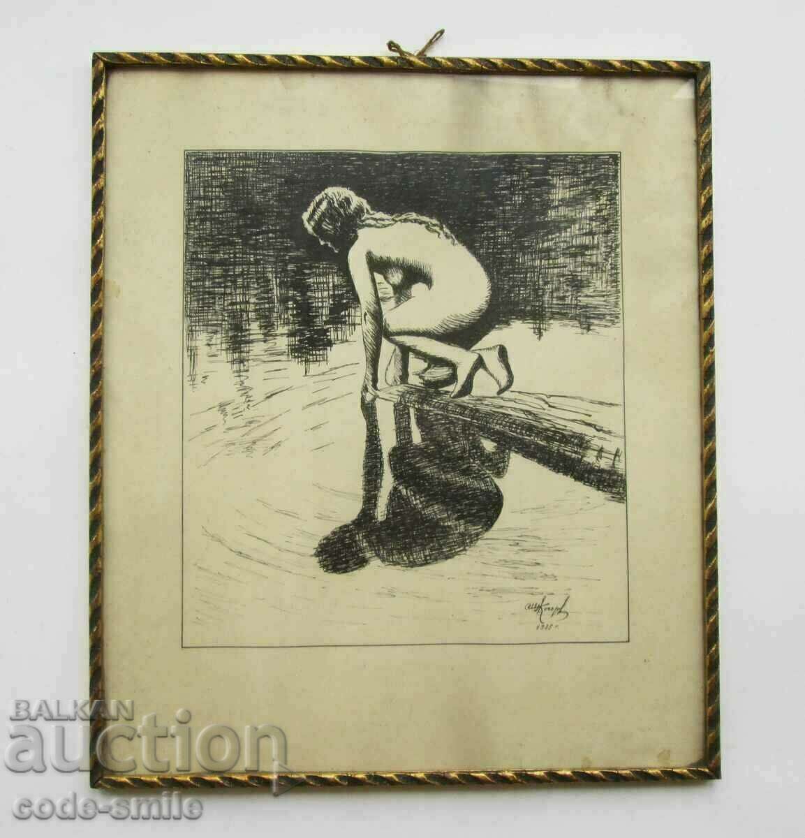 Old drawing painting erotica signed 1935.