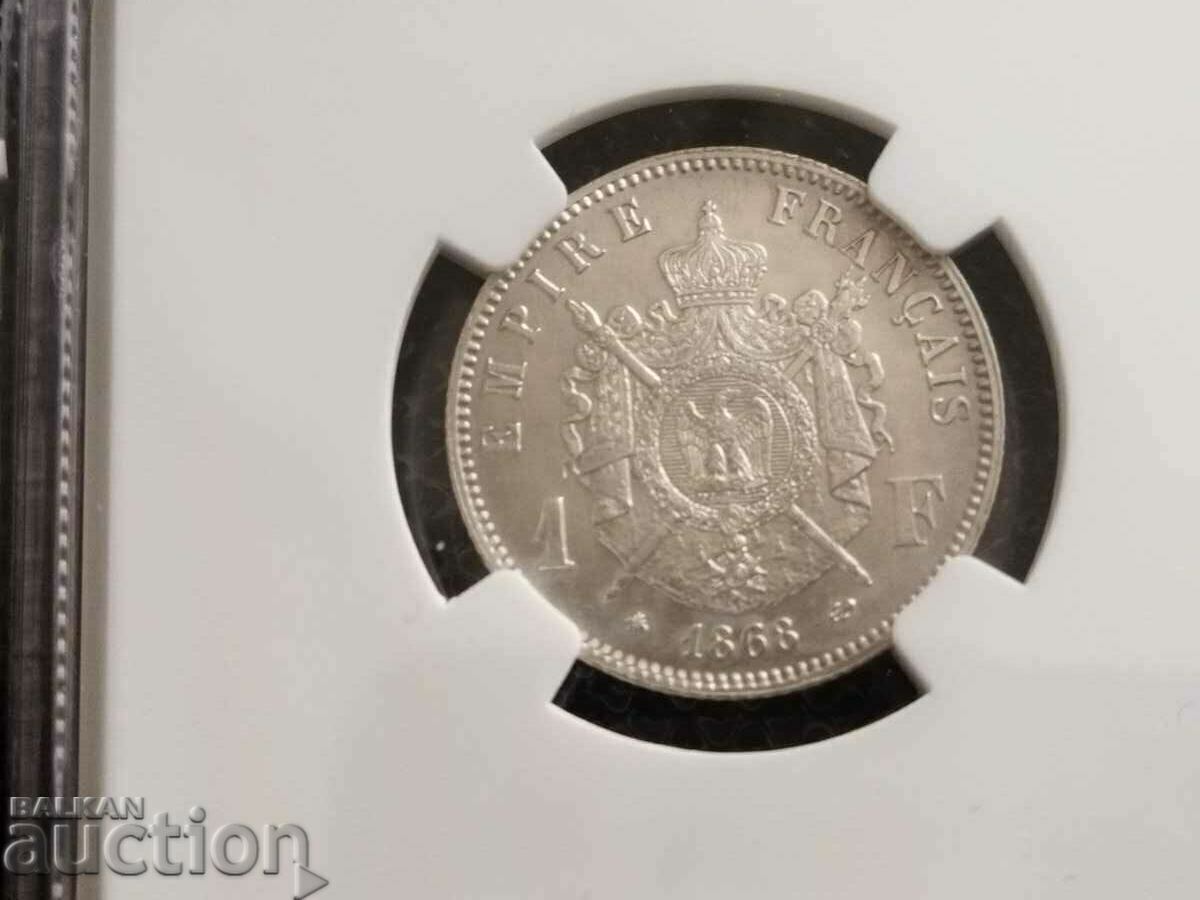 Delivery of France coin 1 franc 1868 certified NGC UNC RRR Delivery of France coin 1 franc 1868 certified NGC UNC RRR