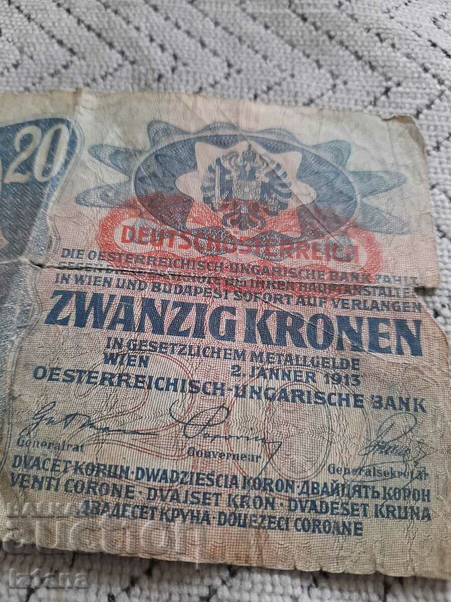 Auction Old banknote 20 Krona 1013 Austria-Hungary Auction Old banknote 20 Krona 1013 Austria-Hungary