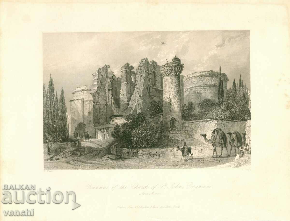 1836 - ГРАВЮРА - Църквата Св. Йоан, Пергам - ОРИГИНАЛ