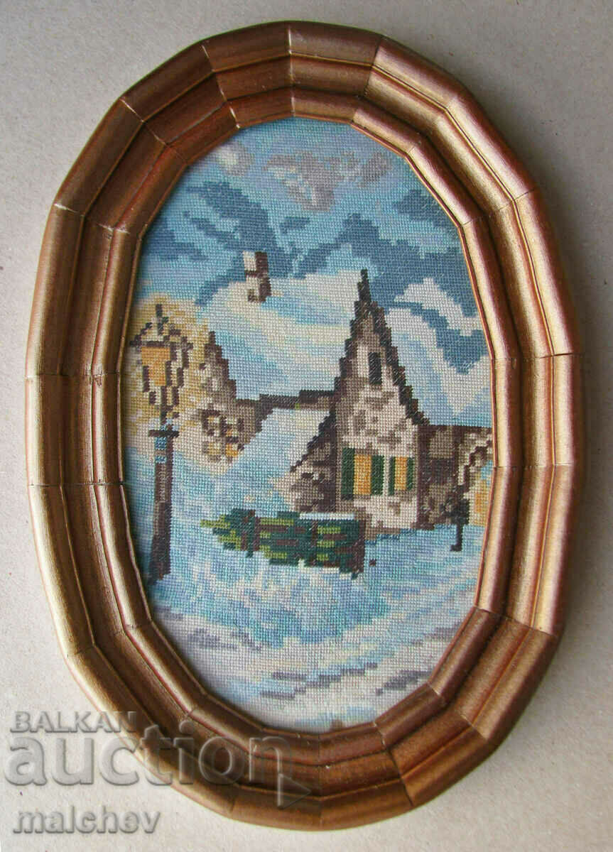 Old hand tapestry winter, in a polygonal wooden frame 21/30 cm