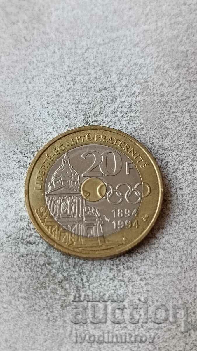 Γαλλία 20 φράγκα 1994 100 χρόνια Διεθνείς Ολυμπιακοί Αγώνες. επιτροπή