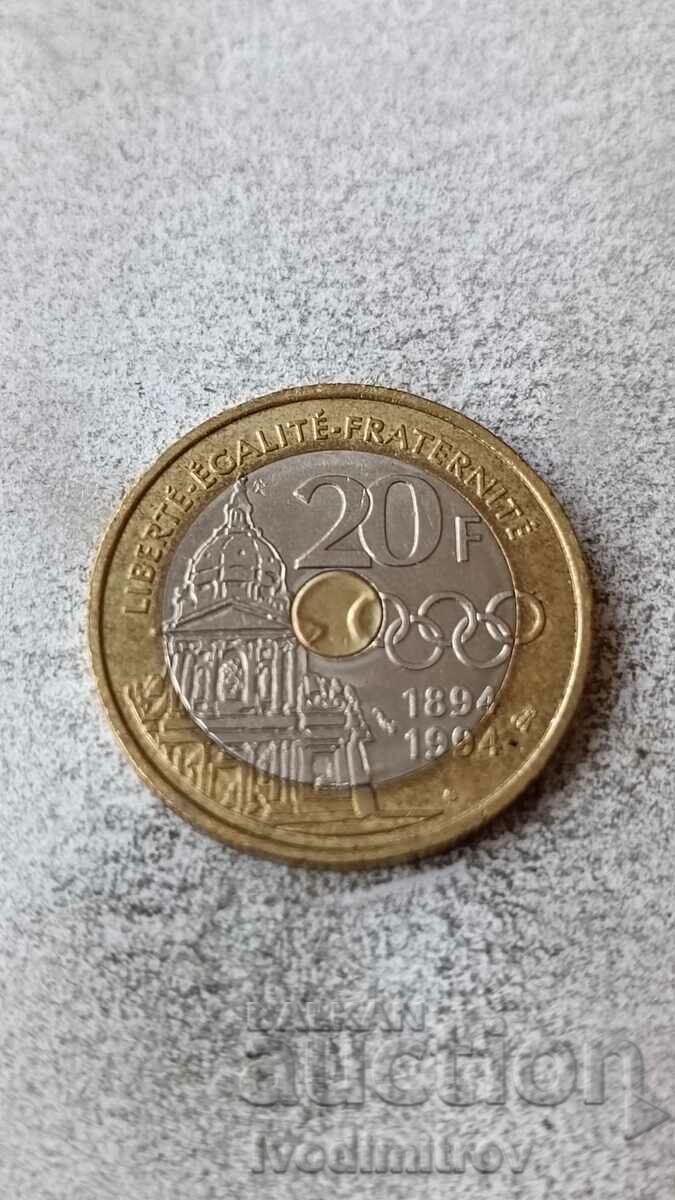 Франция 20 франка 1994 100 год. Международен олимп. комитет
